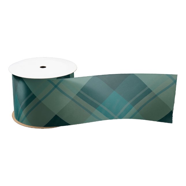 Modern Teal Green Blue Plaid Pattern Christmas Satin Ribbon (Spool)