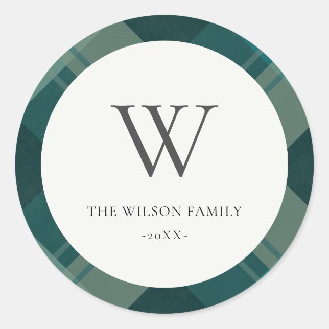 Modern Teal Green Blue Plaid Pattern Monogram Classic Round Sticker (Front)