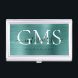 Modern Teal Green Brushed Metal 3 Monogram Script Business Card Case<br><div class="desc">Modern Elegant Teal Green Brushed Metal Monogram Script Business Card Case</div>