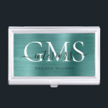 Modern Teal Green Brushed Metal 3 Monogram Script Business Card Case<br><div class="desc">Modern Elegant Teal Green Brushed Metal Monogram Script Business Card Case</div>