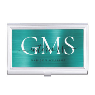 Modern Teal Green Brushed Metal 3 Monogram Script Business Card Case