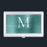 Modern Teal Green Brushed Metal Monogram Script Business Card Case<br><div class="desc">Elegant Teal Aqua Green Brushed Metal Monogram Script Business Card Case</div>