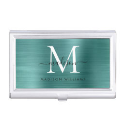 Modern Teal Green Brushed Metal Monogram Script Business Card Case