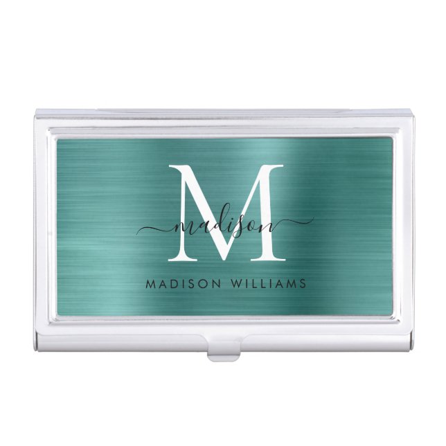 Modern Teal Green Brushed Metal Monogram Script Business Card Case (Front)