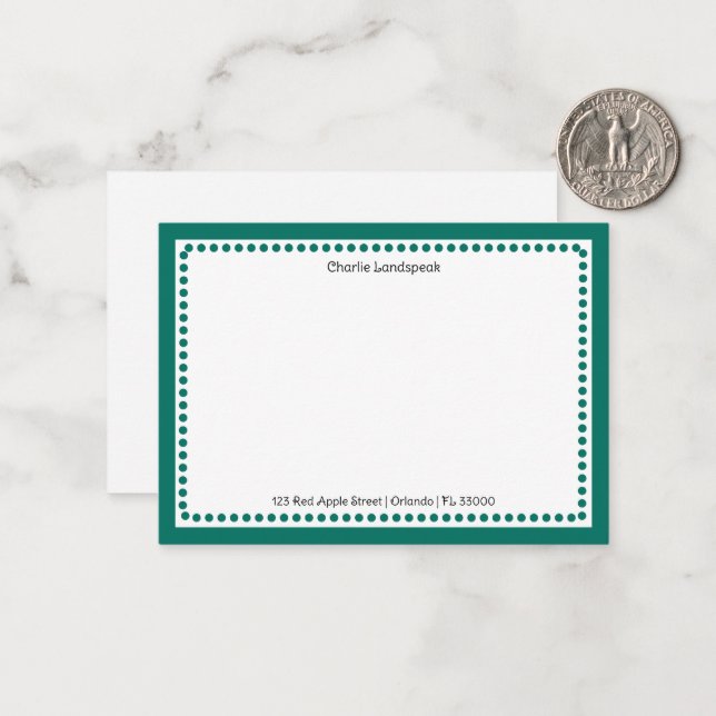 Modern Teal Green Dotted Frame Custom Name, Addres Note Card (Front/Back In Situ)