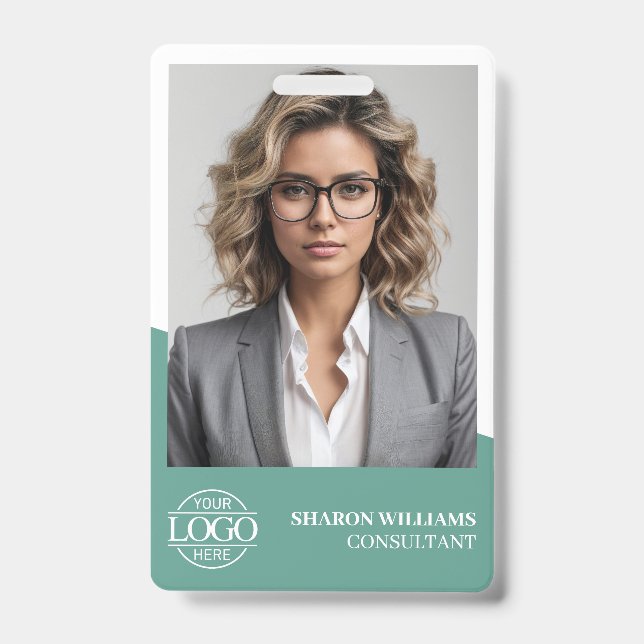 Modern Teal Green Employee Photo Company Logo Badge (Front)