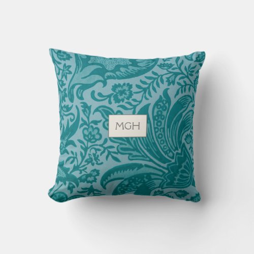 Modern Teal Green Floral Botanical Monogram Throw Pillow