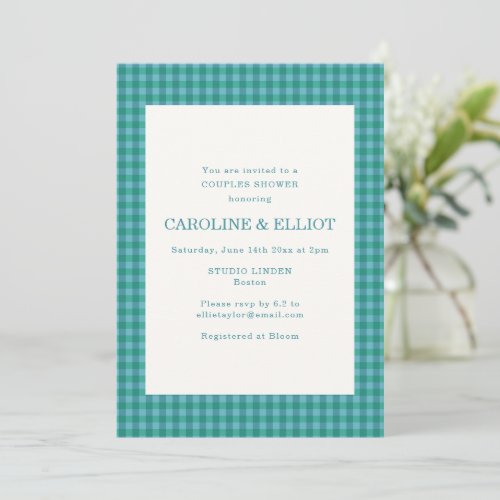 Modern Teal Green Gingham Plaid Couples Shower Invitation