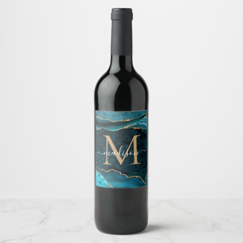 Modern Teal Green Gold Agate Geode Chic Monogram Wine Label