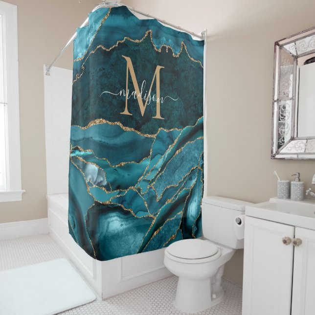 Modern Teal Green Gold Agate Geode Monogram Glam Shower Curtain (In Situ)