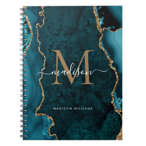 Modern Teal Green Gold Agate Geode Monogram Script Notebook