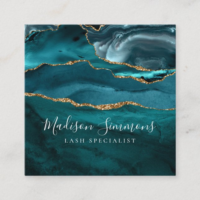 Modern Teal Green Gold Agate Geode Monogram Script Square Business Card (Front)