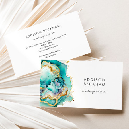 Modern Teal Green Gold Pastel Abstract Watercolor Business Card