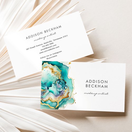 Modern Teal Green Gold Pastel Abstract Watercolor Business Card
