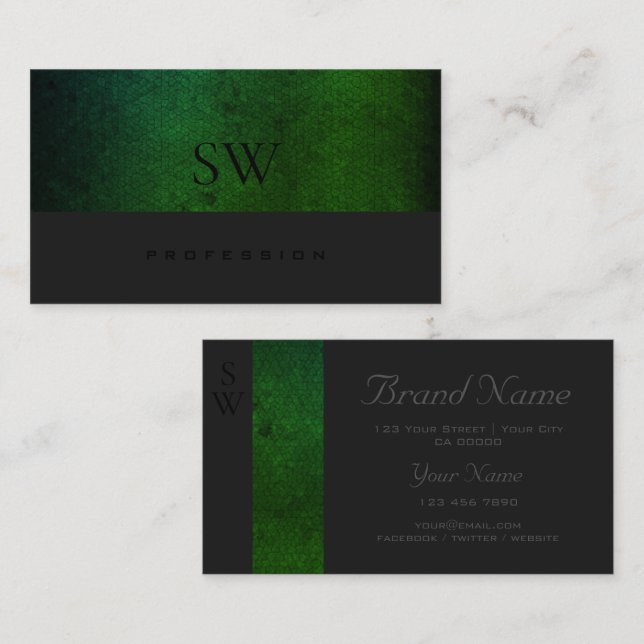 Modern Teal Green Gradient Dark Gray with Monogram Business Card (Front/Back)