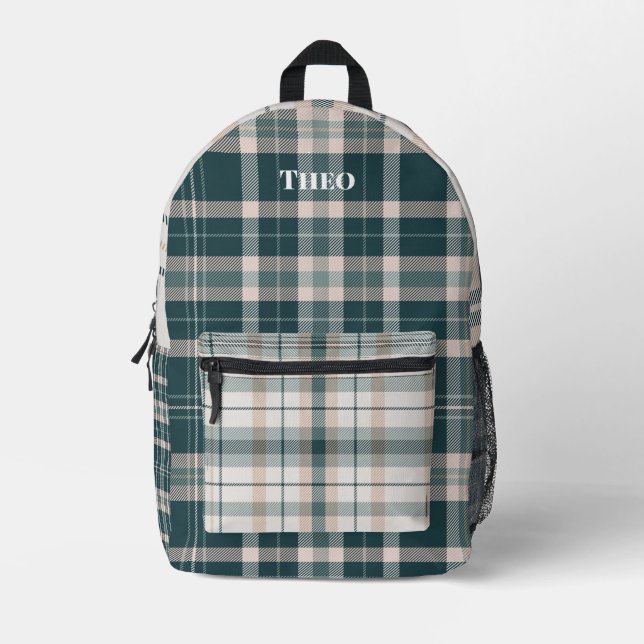 Modern teal green plaid with name printed backpack (Front)