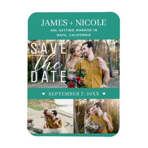 Modern Teal Green Save the Date Wedding 3 Photos Magnet