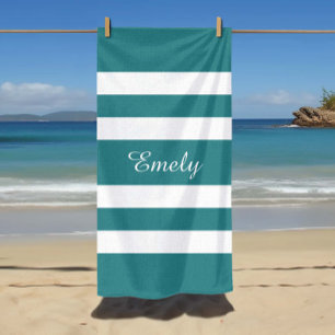 Modern Teal Green Striped Beach Towel