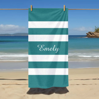 Modern Teal Green Striped Beach Towel