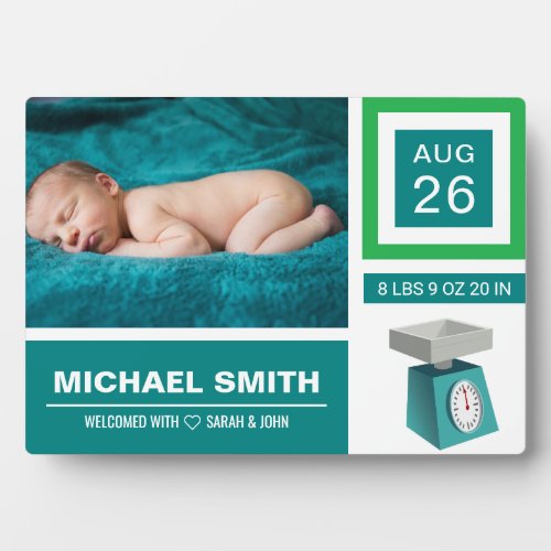 Modern Teal Green Stylish Photo Birth Announcement Plaque