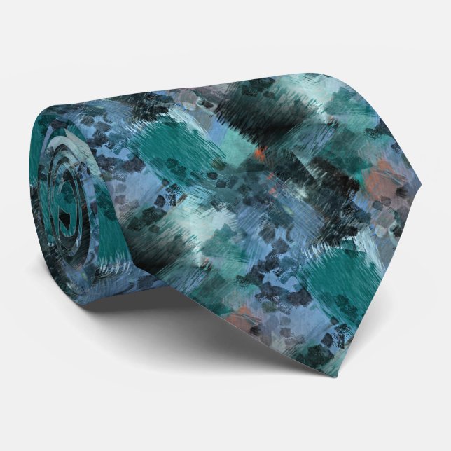 Modern Teal Green Violet Blue Brushstrokes Art Neck Tie (Rolled)