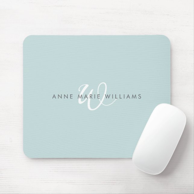 Modern Teal Green White Script Monogram Mouse Pad (With Mouse)
