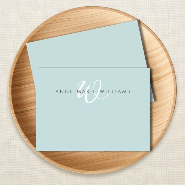 Modern Teal Green White Script Monogram Note Card (Creator Uploaded)
