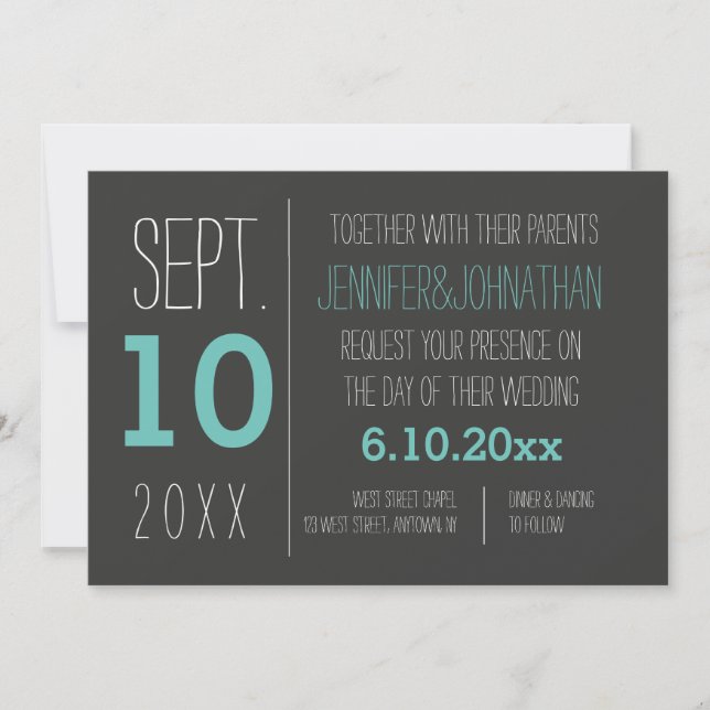 Modern teal & grey wedding invitations (Front)