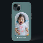 Modern Teal Hearts Name Arch Family Photo iPhone 13 Case<br><div class="desc">A modern and simple phone case to keep your loved ones always close to you - featuring your image and name of choice. Perfect for parents or as a gift for grandparents. Modern teal green background but all colors can be changed.</div>