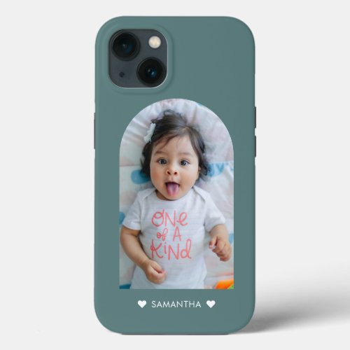 Modern Teal Hearts Name Arch Family Photo iPhone 13 Case