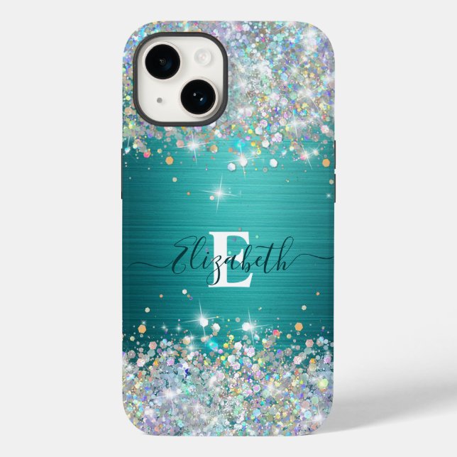 Modern Teal Holographic Faux Glitter Monogram Case-Mate iPhone Case (Back)