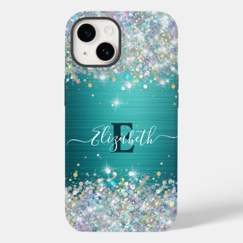 Modern Teal Holographic Faux Glitter Monogram Case_Mate iPhone 14 Case