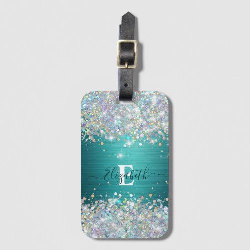 Modern Teal Holographic Faux Glitter Monogram Luggage Tag