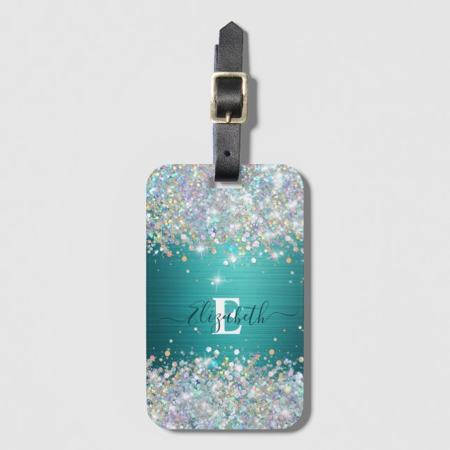 Modern Teal Holographic Faux Glitter Monogram Luggage Tag (Front Vertical)