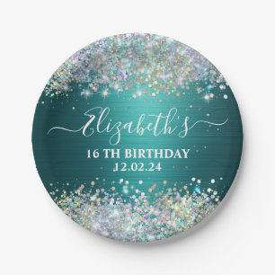 Modern Teal Holographic Faux Glitter Monogram Paper Plates