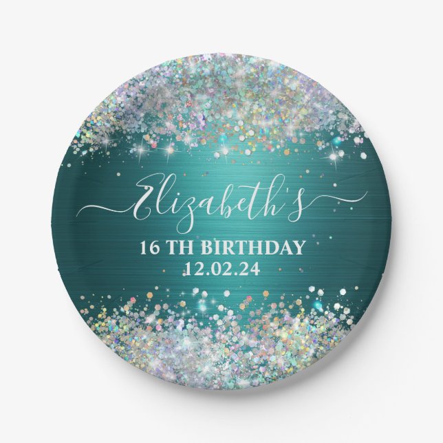 Modern Teal Holographic Faux Glitter Monogram Paper Plates (Front)