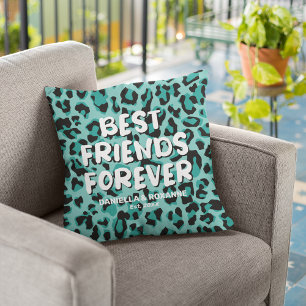 Modern Teal Leopard “Best Friends Forever” Throw Pillow