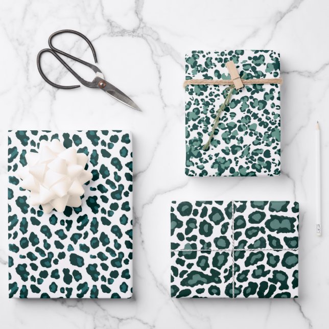 Modern Teal Leopard Print Patterned Wrapping Paper Sheets (Front)