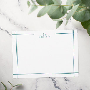 Modern Teal Line Border Monogram Note Card
