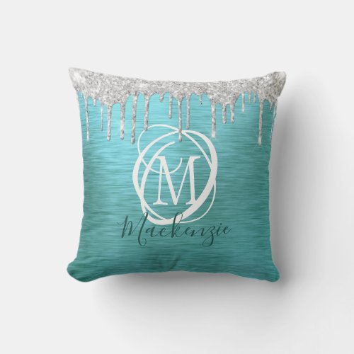 Modern Teal Metallic Silver Glitter Drip Monogram Throw Pillow