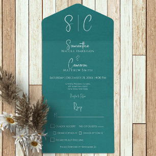 Modern Teal Minimal Monogram Dinner All In One Invitation