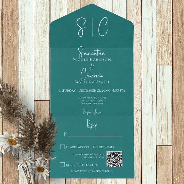 Modern Teal Minimal Monogram QR Code All In One Invitation (Creator Uploaded)