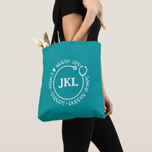 Modern Teal Monogrammed Stethoscope Nurse Tote Bag