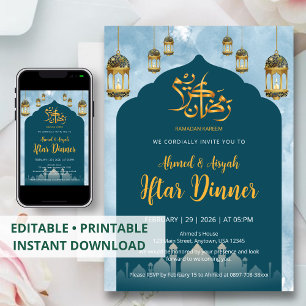 Modern Teal Mosque and Gold Lanterns Iftar Dinner Invitation