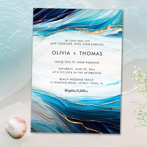 Modern Teal Navy Gold Ink Ocean Wave Wedding Invitation