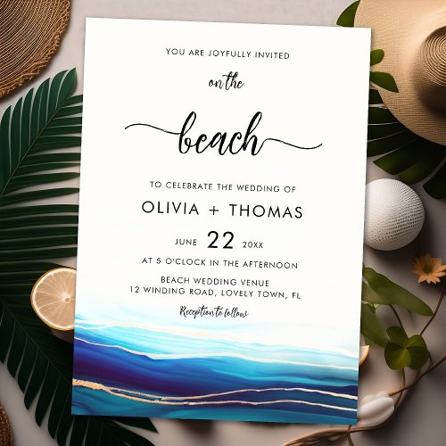 Modern Teal Navy Gold Ocean On the Beach Wedding Invitation