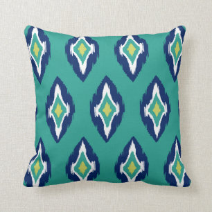 Modern teal navy white Ikat Tribal Pattern 1b Throw Pillow