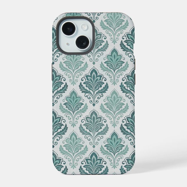 Modern Teal Nordic Damask iPhone 15 Case (Back)