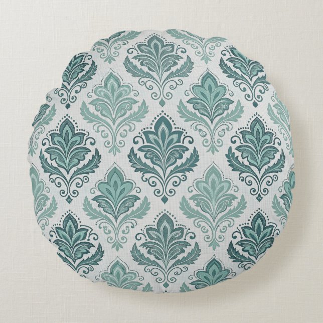 Modern Teal Nordic Damask Round Pillow (Front)