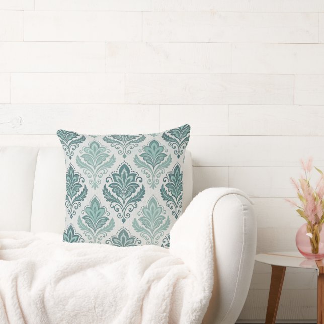 Modern Teal Nordic Damask Throw Pillow (Couch)